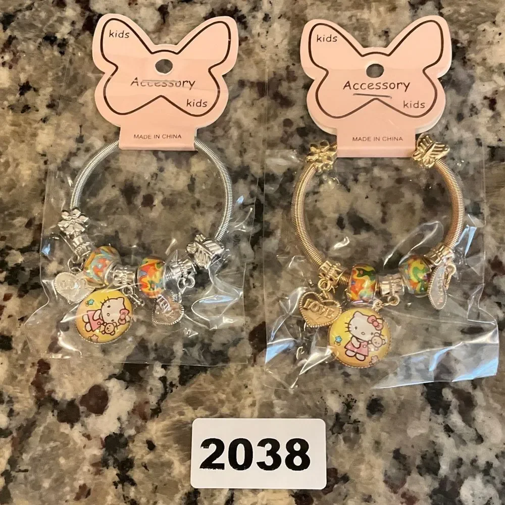 2038 Gold or Silver Tone Hello Kitty Kids Charm Bracelet